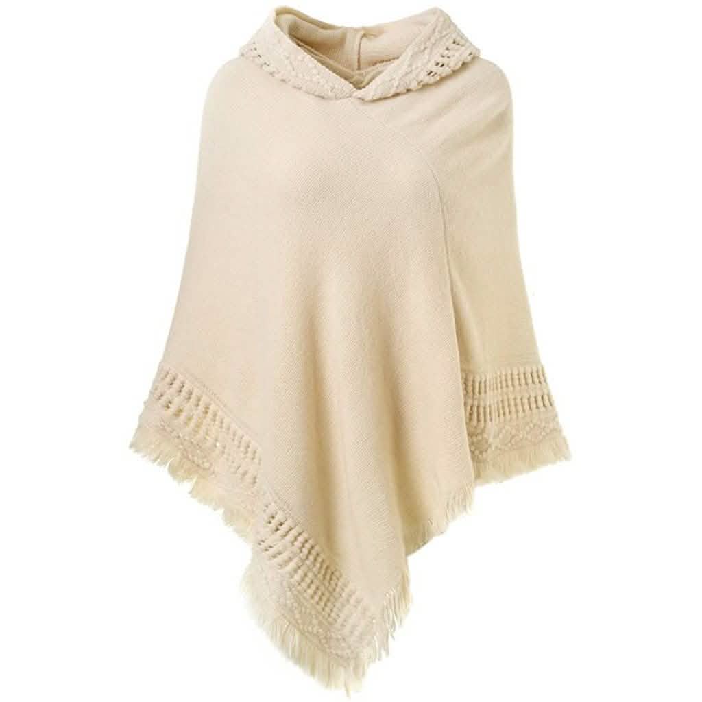 Capa con capucha para mujer con dobladillo de flecos, patrones de punto de ganchillo de poncho