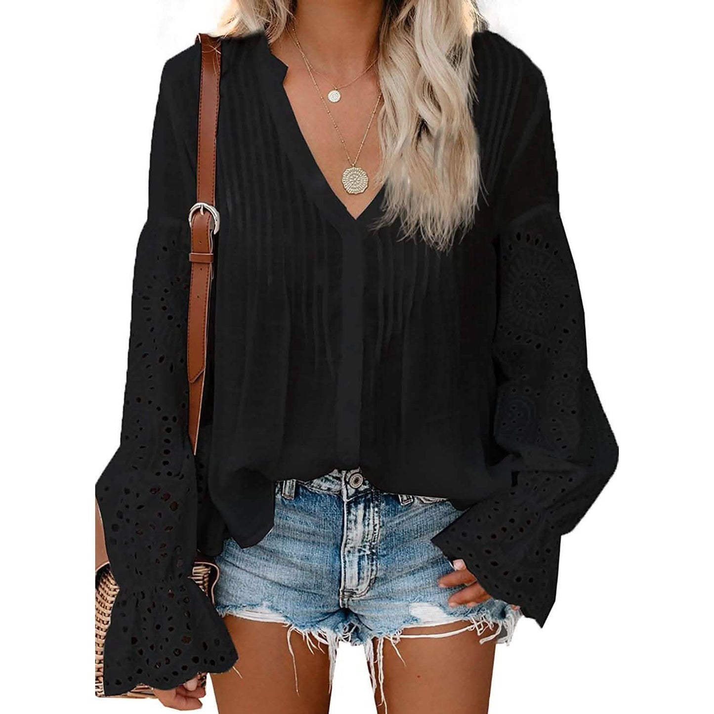 Top de encaje de ganchillo con cuello de pico para mujer