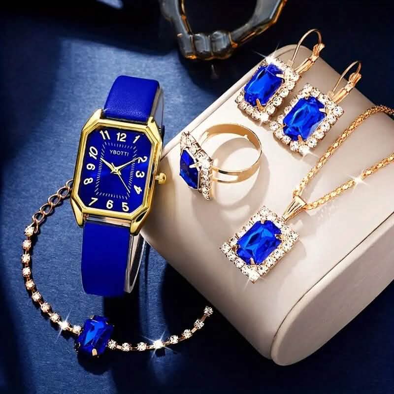 Juego de joyas de reloj de pulsera de cuero, pendientes, pulsera, collar y anillo para mujer