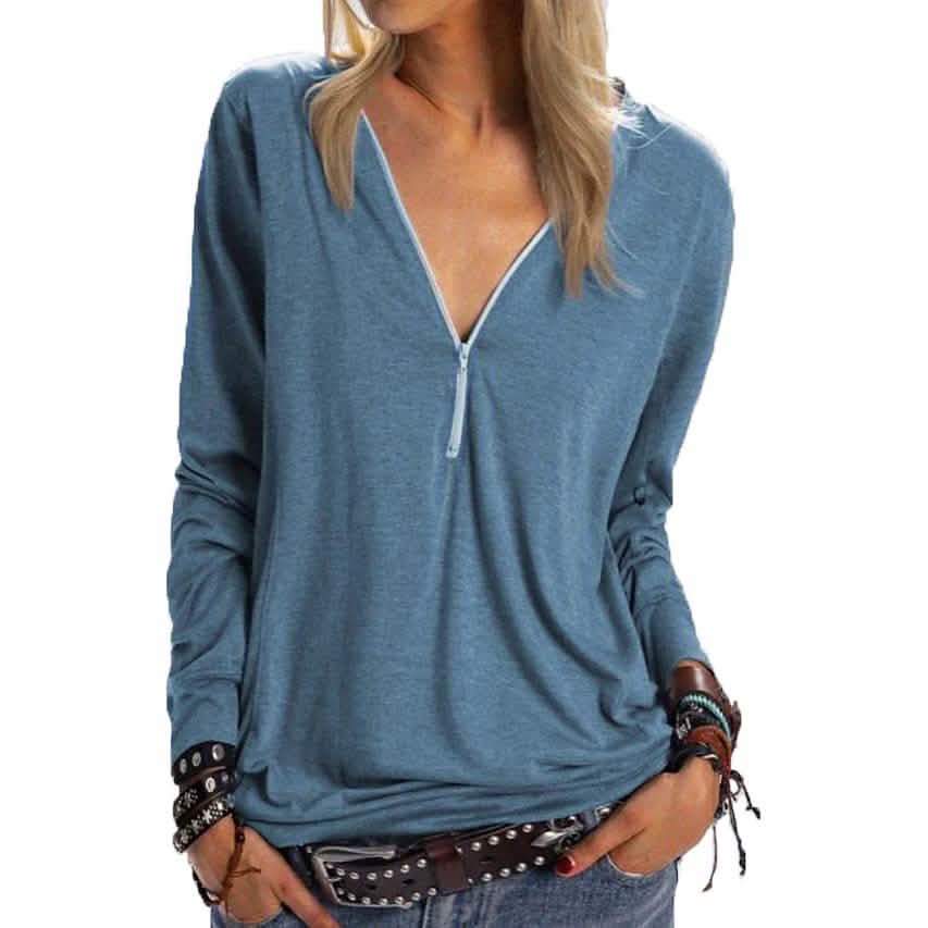 Blusa casual de manga larga con cuello en V, cierre de cremallera y cuarto de cremallera para mujer