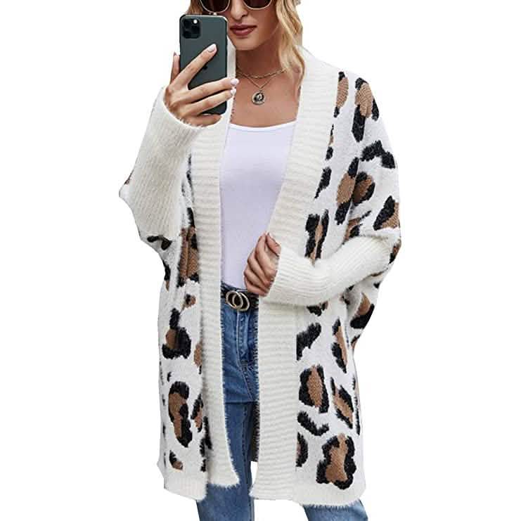 Cárdigan de punto con estampado de leopardo de manga larga para mujer