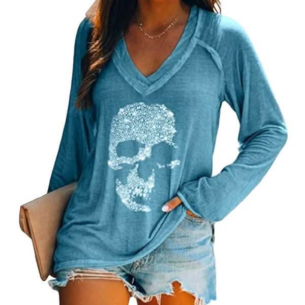 Camisetas de algodón de manga larga con cuello en V y estampado de calavera sueltas para mujer