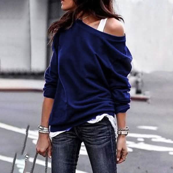 Estilo de nueva moda para mujer, camiseta suave de manga larga con un solo hombro