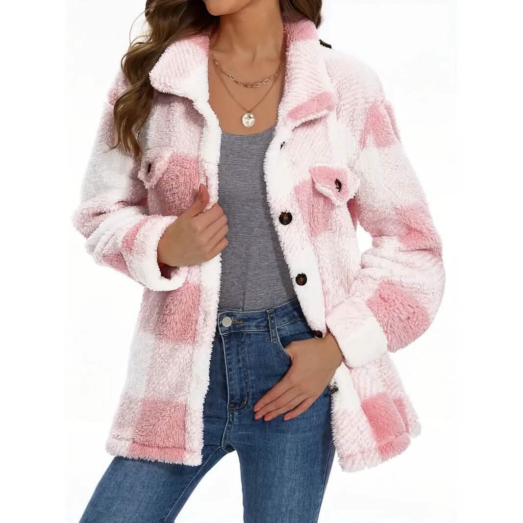 Abrigo Teddy de cuadros con botones para mujer