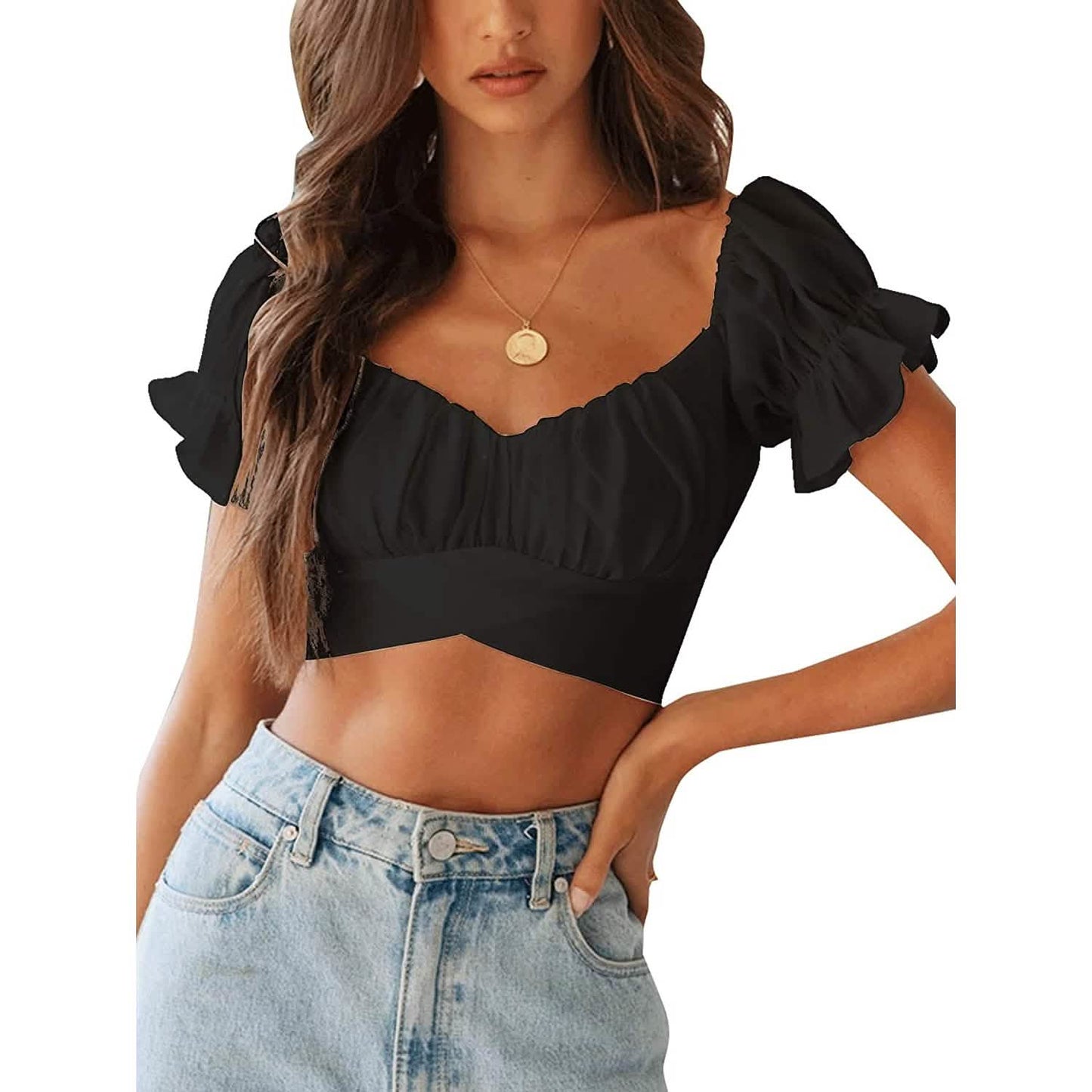Camisa con volantes de manga corta para mujer