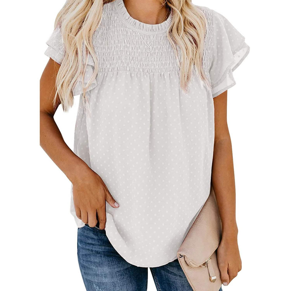 Blusa de chifón con encaje de ganchillo, cuello redondo y diseño lindo, para mujer de verano