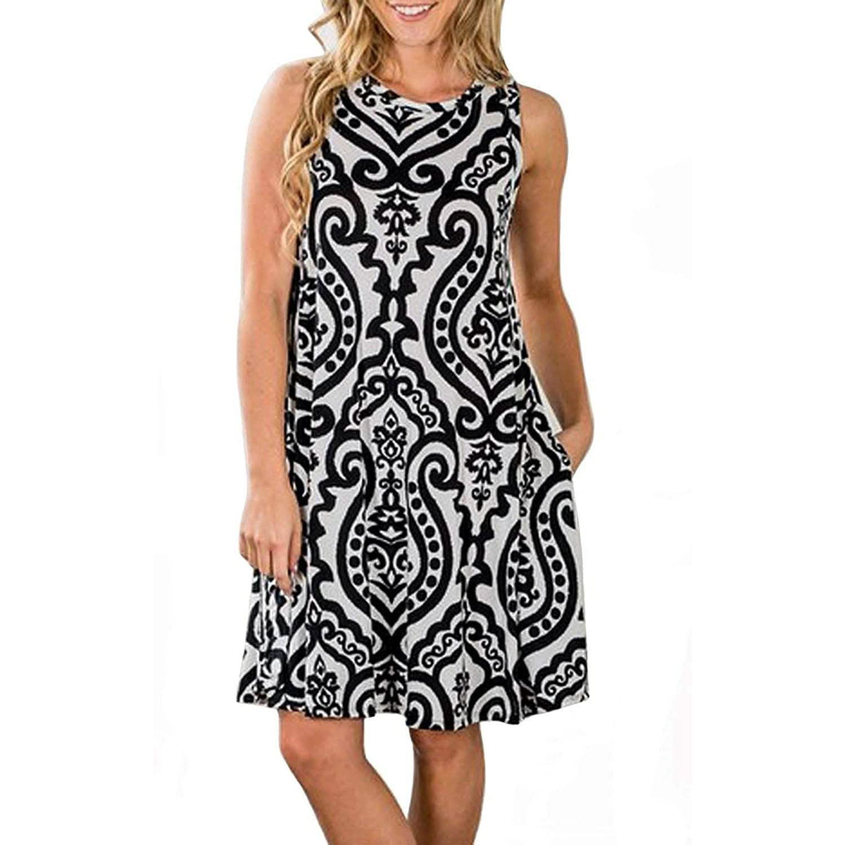 Vestido sin mangas para mujer de verano con estampado damasco, bolsillos y diseño holgado