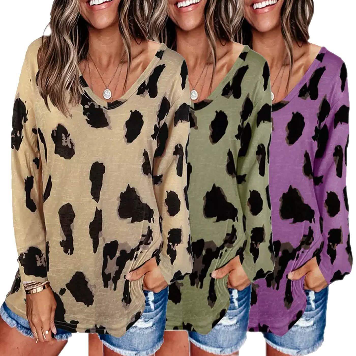 Top inspirado en estampado de leopardo con cuello de pico para mujer