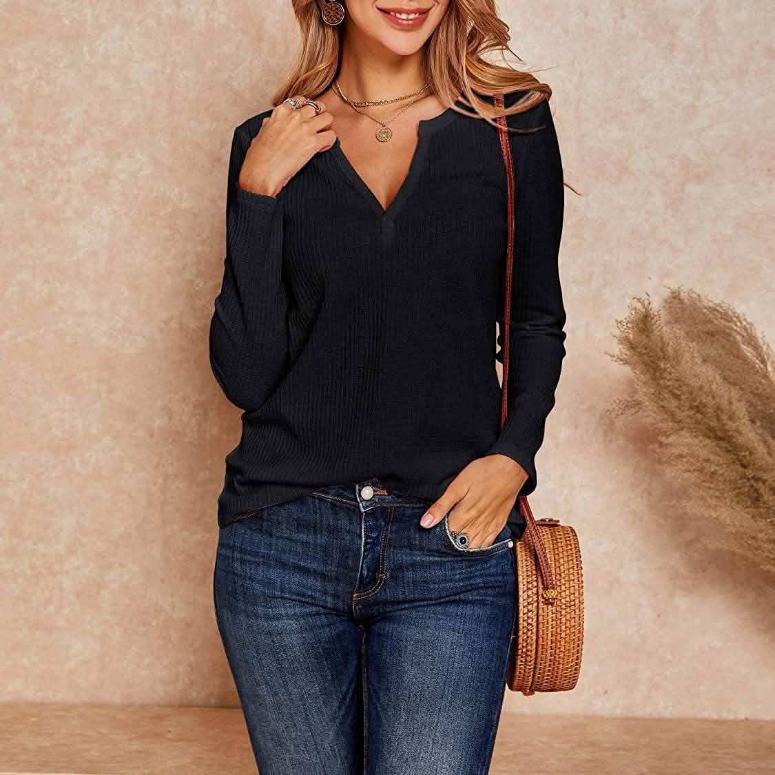 Blusas Henley de punto gofre con cuello de pico para mujer