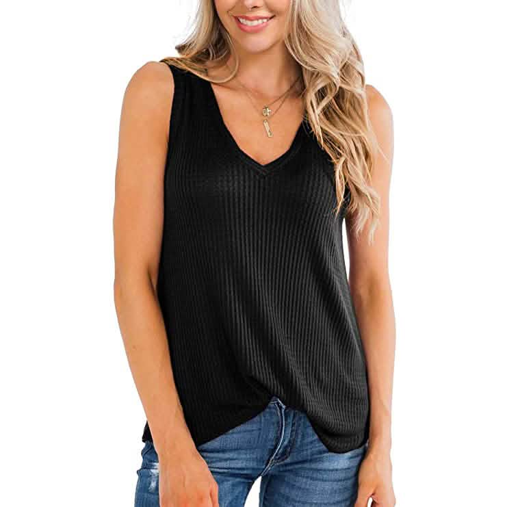 Camiseta sin mangas con cuello en V de punto gofre para mujer