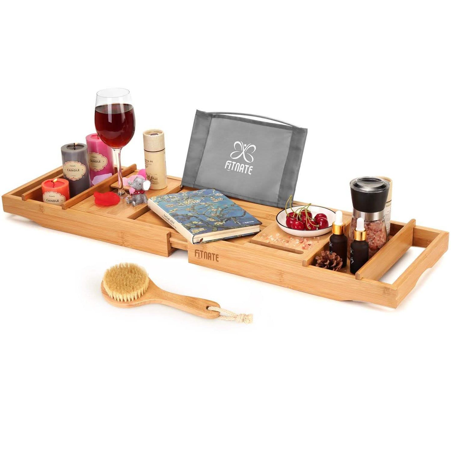 Bandeja de bañera de madera con ranura para copa de vino, bandeja para teléfono, sujetalibros