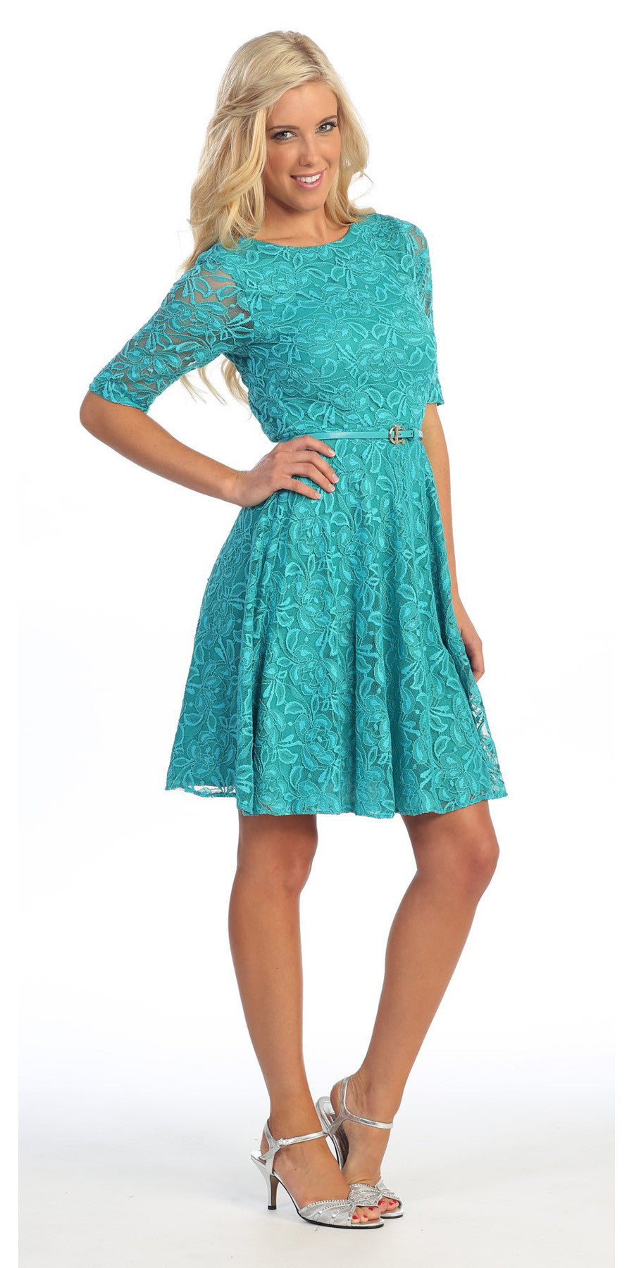 LIQUIDACIÓN - Vestido corto de encaje burdeos con mangas tres cuartos Celavie 2367 (Talla S)