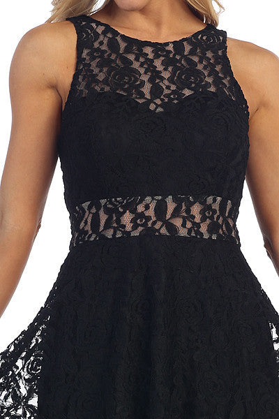 LIQUIDACIÓN - Vestido sin mangas Celavie 6201s de encaje negro hasta la rodilla (Talla L)