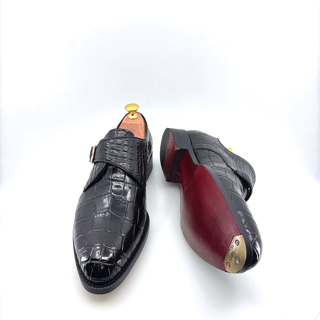 Zapato Monkstrap de Cocodrilo Maurice Jersey - Negro