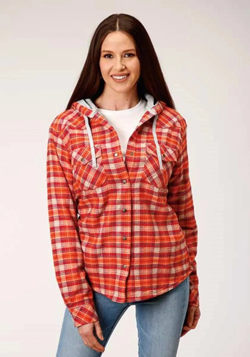 Sudadera con capucha de franela térmica Roper (naranja) - Sudadera con capucha y botones de franela para mujer