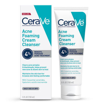 Limpiador en crema espumoso antiacné CeraVe con peróxido de benzoilo al 4%, lavado facial con ácido hialurónico, niacinamida y ceramidas, tratamiento diario suave para el acné para el rostro