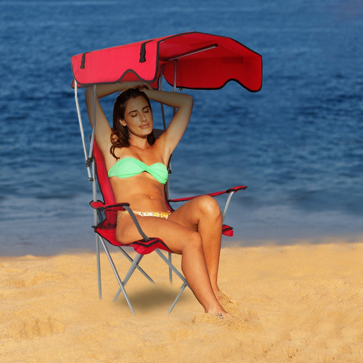 Foldable Beach Canopy Chair Sun Protection Camping Lawn Canopy Chair 330LBS Load Folding Seat w/ Cup Holder For Beach Poolside Travel Picnic