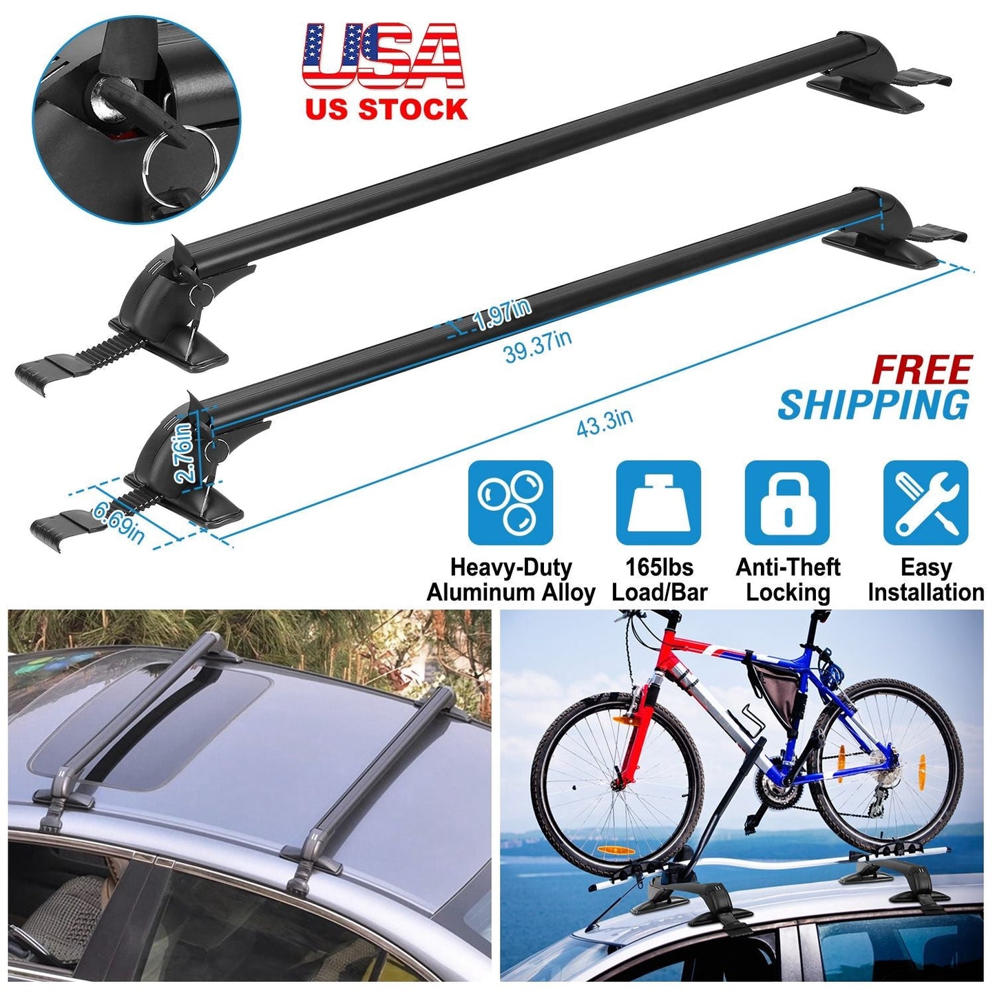 2PCS Universal 110cm/43-inch Car Roof Rack Cross Bar w/ Anti-Theft Lock Adjustable Window Frame for bike kayak cargo luggage