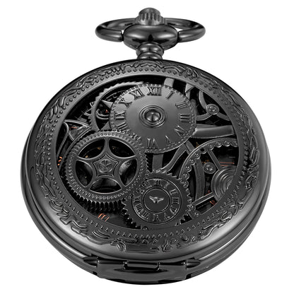 Whodoit Black Gear Double Cover Mens Mechanical Pocket Watch Double Cover Roman Design Dial Chain Mechanical Pocket Watch