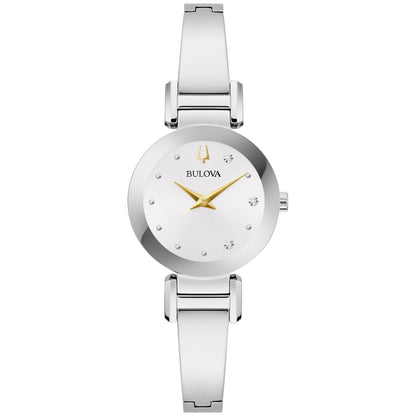 Reloj pulsera de mujer moderno Bulova Marc Anthony de acero inoxidable plateado con diamantes, brazalete y esfera blanca plateada Estilo: 96P241