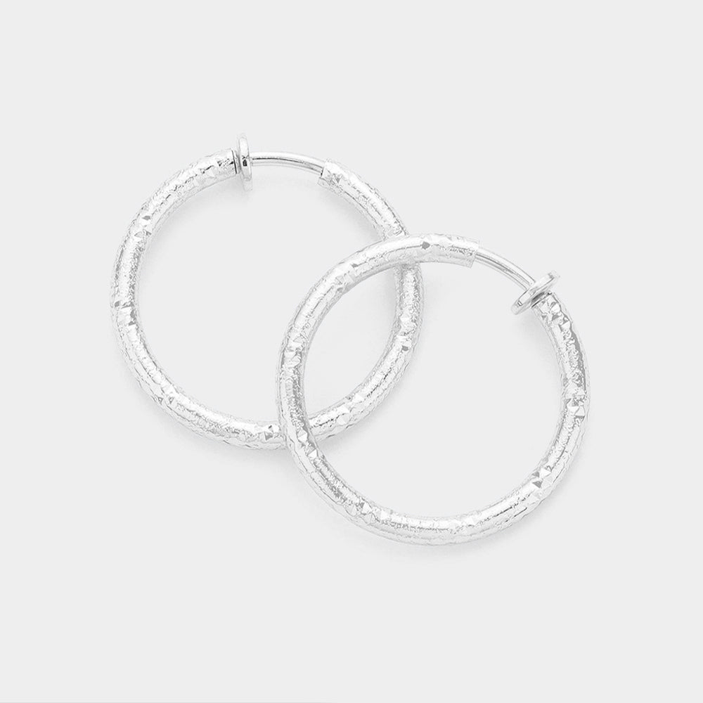 Women's 1.25 Inch Textured Metal Hoop Clip On Earrings