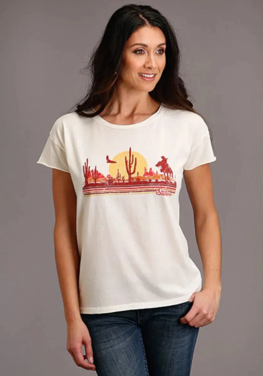 Camiseta de manga corta Stetson Cowgirl In Desert (Blanca) para mujer