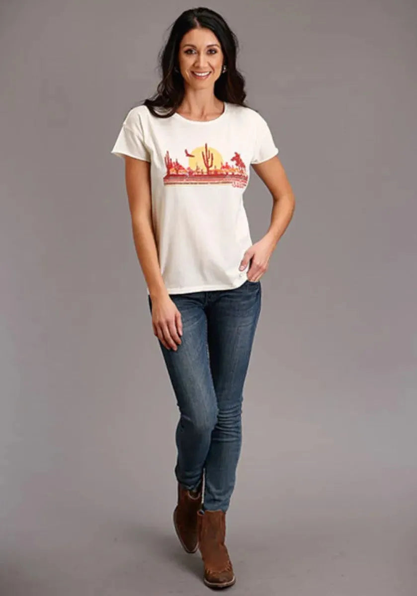 Camiseta de manga corta Stetson Cowgirl In Desert (Blanca) para mujer