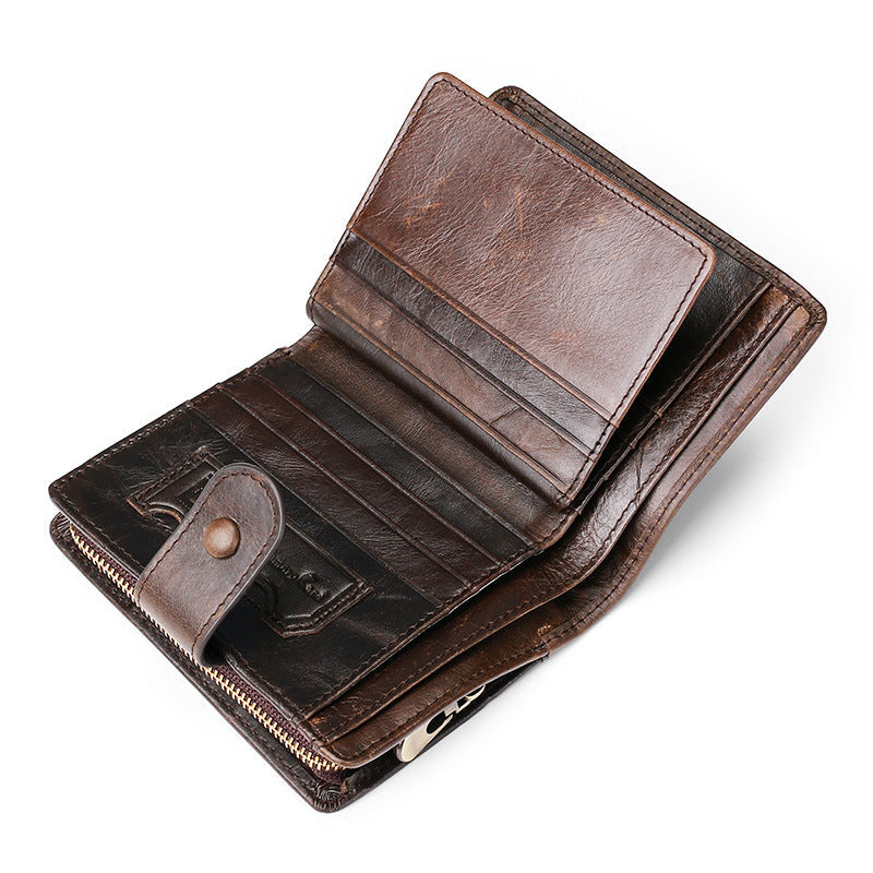 Men's Oil Wax Leather Short Cowhide Zipper Men's Wallets