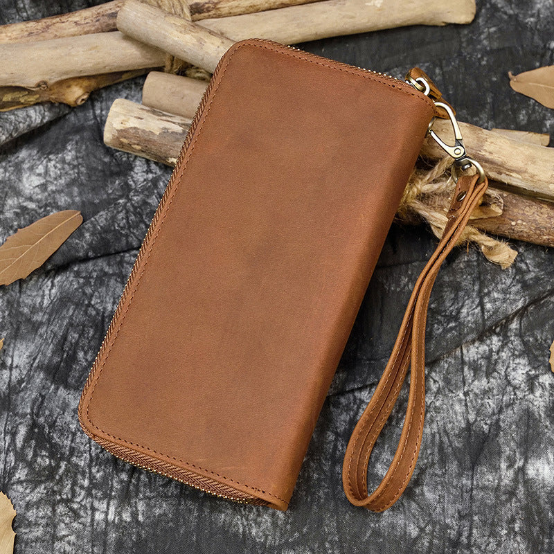 Men's Crazy Horse Leather Long Real Zipper Cowhide Men's Wallets