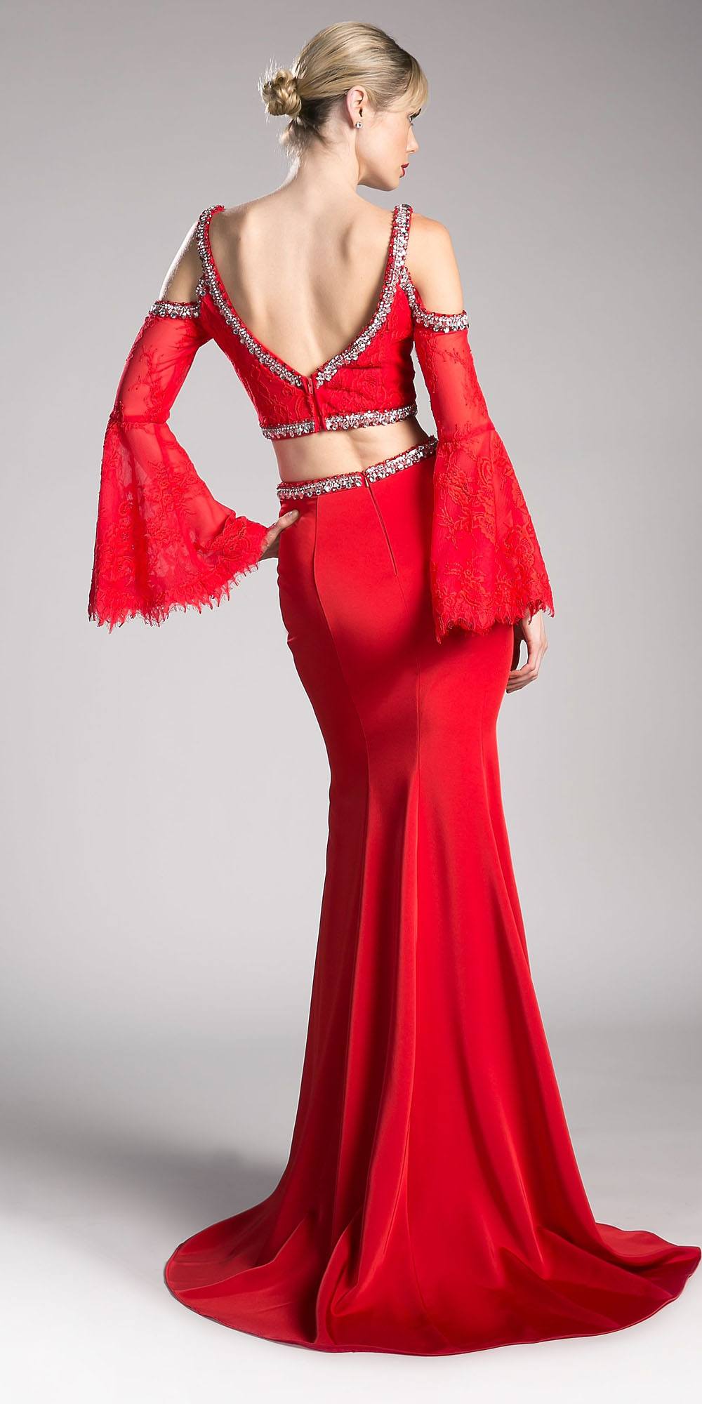 Cinderella Divine 13114 Two Piece Gown Cold Shoulder Trumpet Sleeves