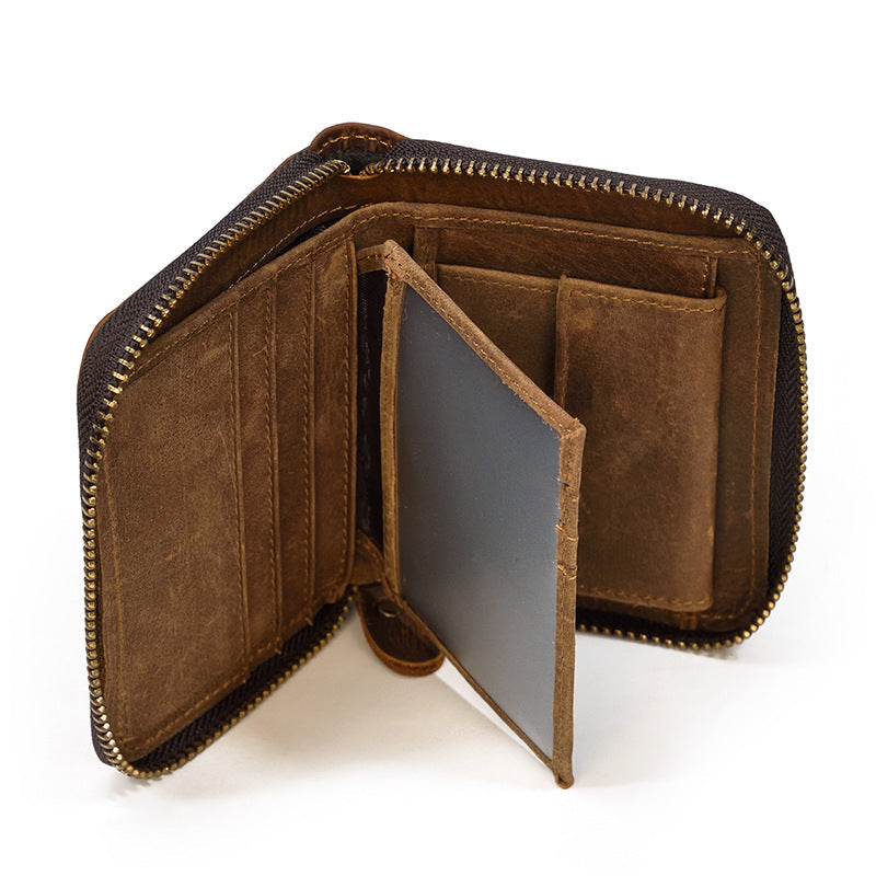 Men's Hot Leather Crazy Horse Zipper Short Ladies Wallets