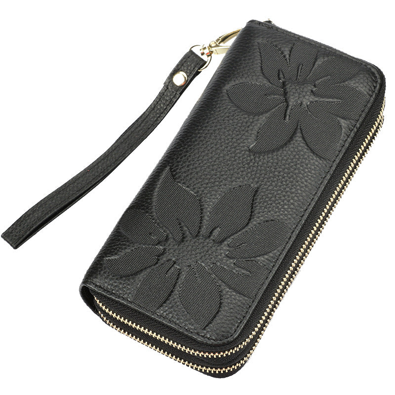 Women's First Layer Cowhide Long Double Zipper Ladies Wallets