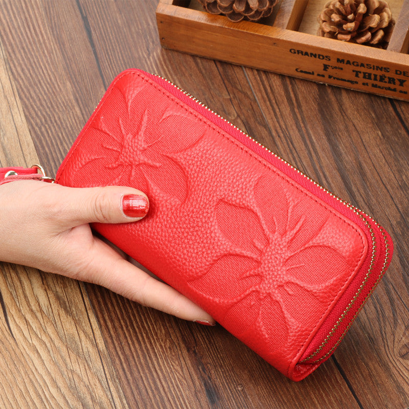 Women's First Layer Cowhide Long Double Zipper Ladies Wallets