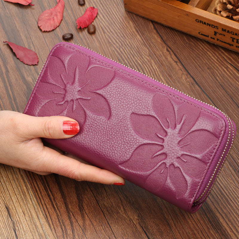 Women's First Layer Cowhide Long Double Zipper Ladies Wallets