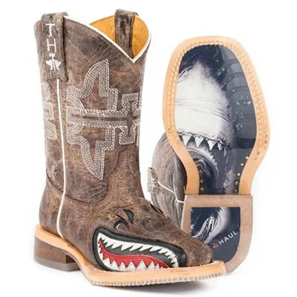 Tin Haul Sharky / Suela Man Eater (Tan) - Botas vaqueras de cuero para niños pequeños/grandes