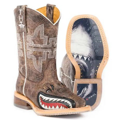 Tin Haul Sharky / Suela Man Eater (Tan) - Botas vaqueras de cuero para niños pequeños/grandes