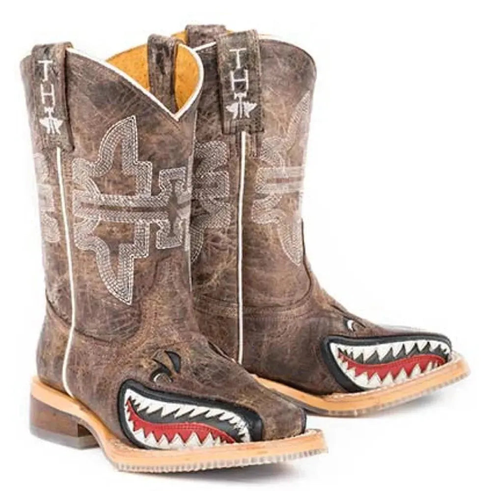 Tin Haul Sharky / Suela Man Eater (Tan) - Botas vaqueras de cuero para niños pequeños/grandes