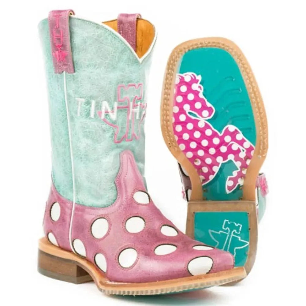 Botas vaqueras de cuero Tin Haul Little Miss Dotty / Horse A Dot Sole (rosa) para niñas pequeñas/niñas grandes