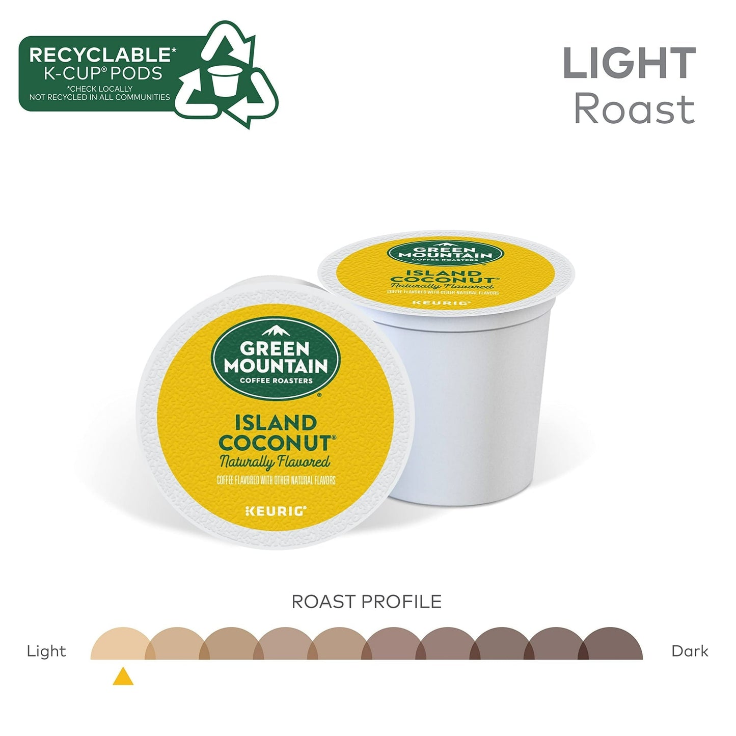 Green Mountain Coffee Roasters Island Coconut, Cápsulas K-Cup de Keurig de Una Sola Porción, Café Tostado Ligero Saborizado, 24 Unidades (Paquete de 1)