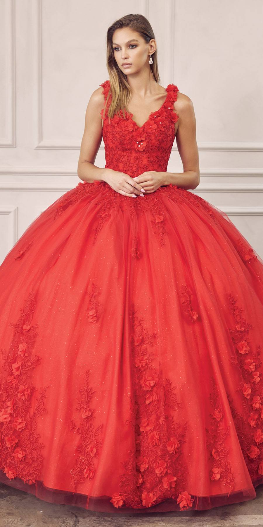 Vestido de quinceañera Juliet 1437 de gala con aplicaciones florales y flores 3D