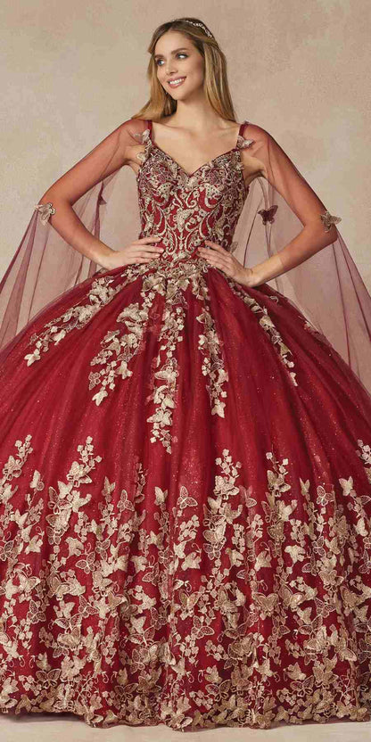 Juliet 1442 Long 3D Butterfly Appliques Strapless Bodice Cape Quinceanera Dress