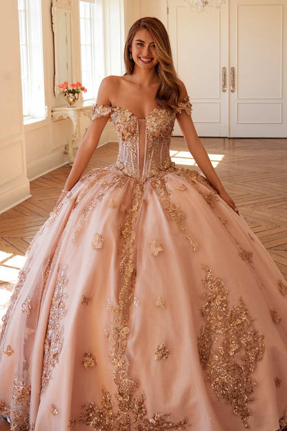 Vestido de fiesta quinceañera Juliet JT1485J estilo Cenicienta con hombros descubiertos
