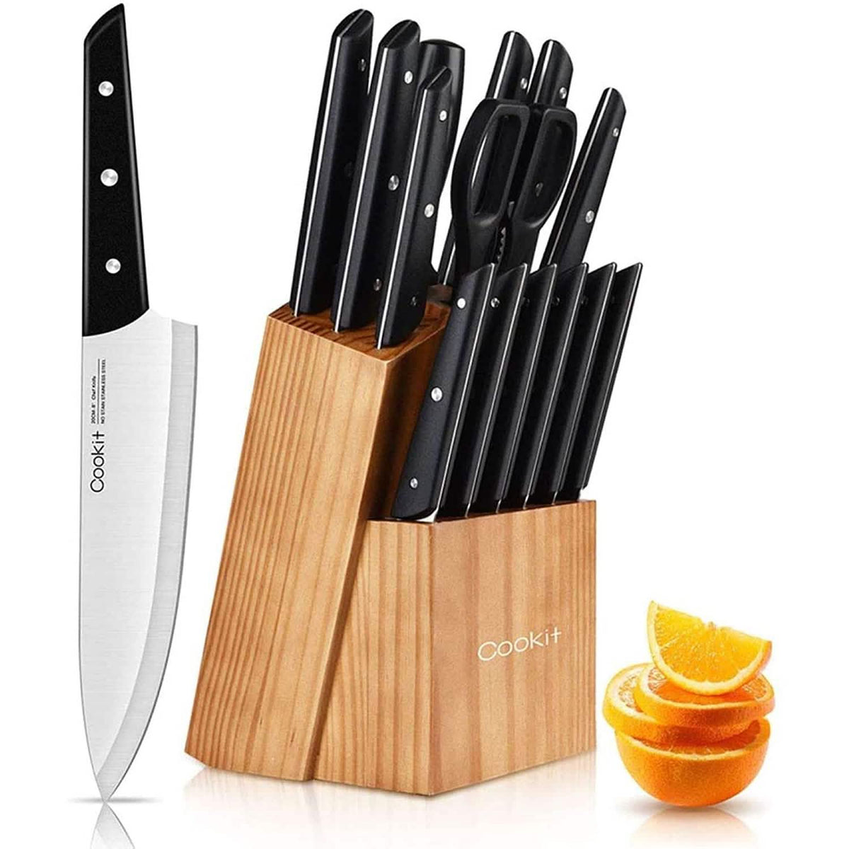 Juego de 15 piezas: Juego de cuchillos con bloque de acero inoxidable y cuchillos dentados para carne de Cookit Germany