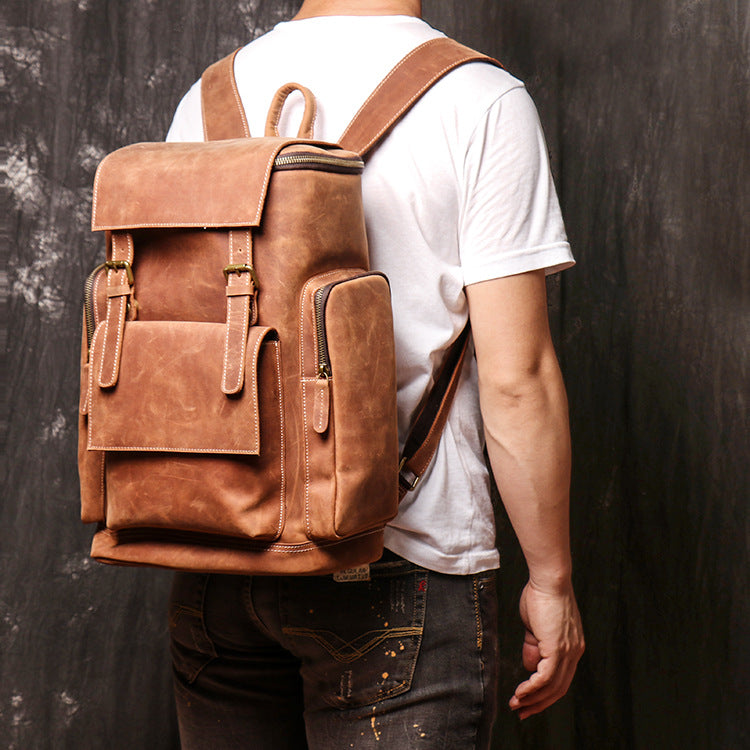Men's Leather Crazy Horse Mountain Climbing Large Backpacks