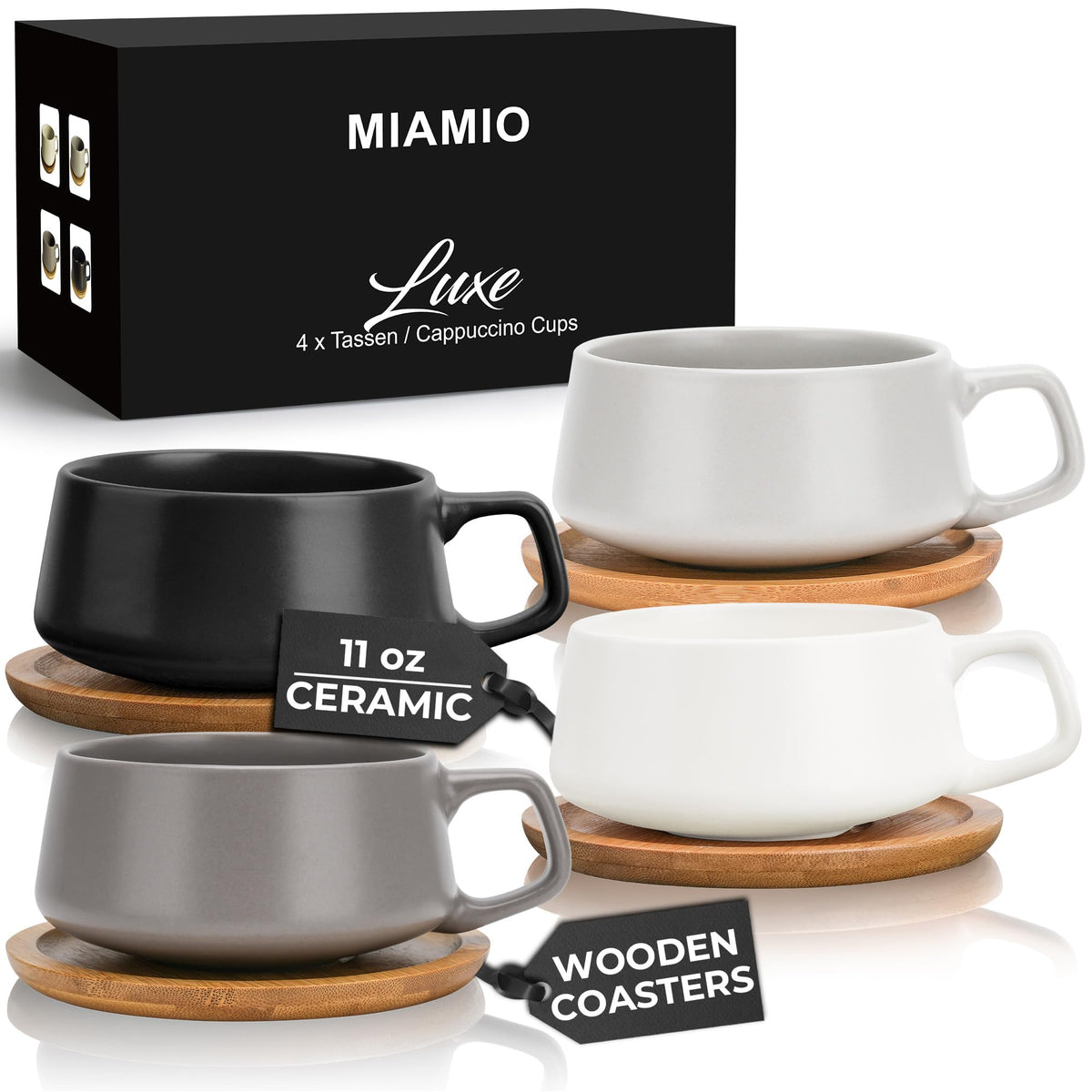 MIAMIO – Juego de 4 tazas de té de cerámica de 11 oz con platillo de bambú/taza de té – Taza de capuchino ancha Tazas de café Taza de cerámica para capuchino, latte, espresso y americano – Colección Luxe (Pastel Clásico)