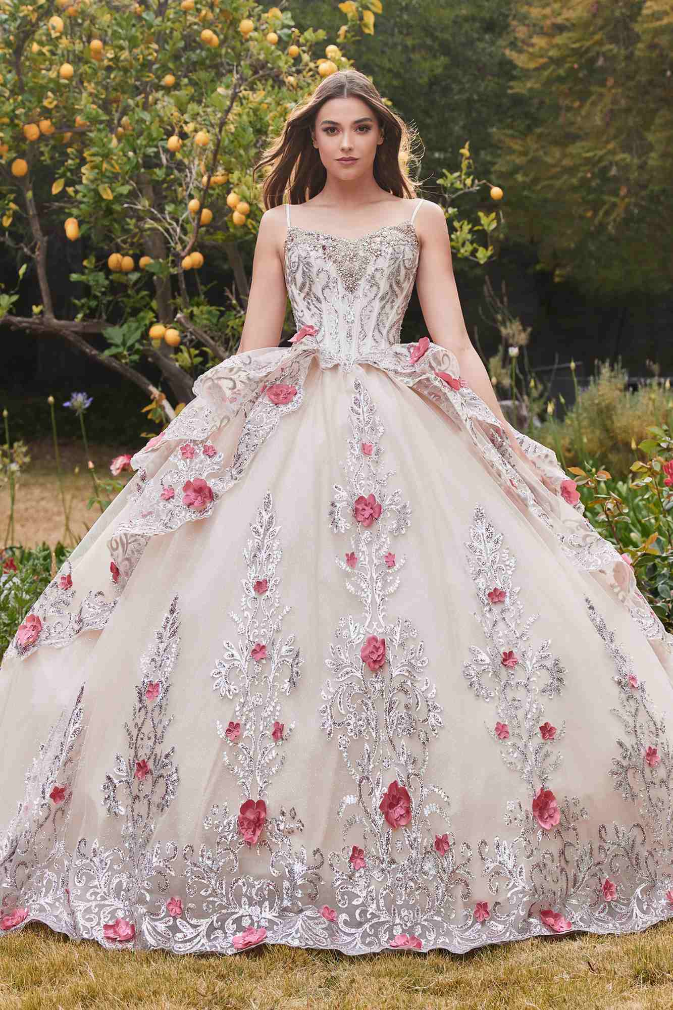 Vestido de gala de quinceañera de tul en capas Ladivine 15703 con apliques florales