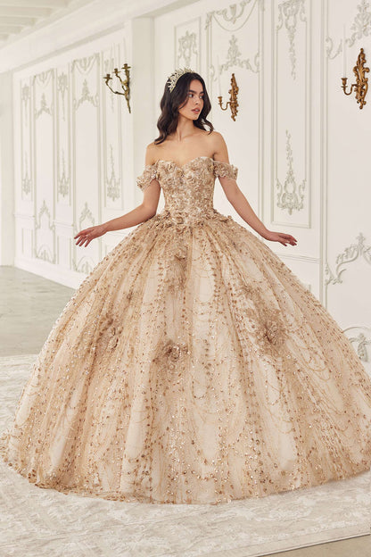 Vestido de Quinceañera Ladivine 15712 Largo, con Corsé, Hombros Descubiertos y Falda Abullonada