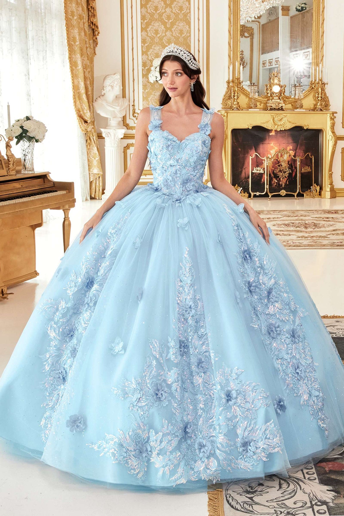 Ladivine 15713 Vestido largo de gala con hombros descubiertos, corte A y aplicaciones florales