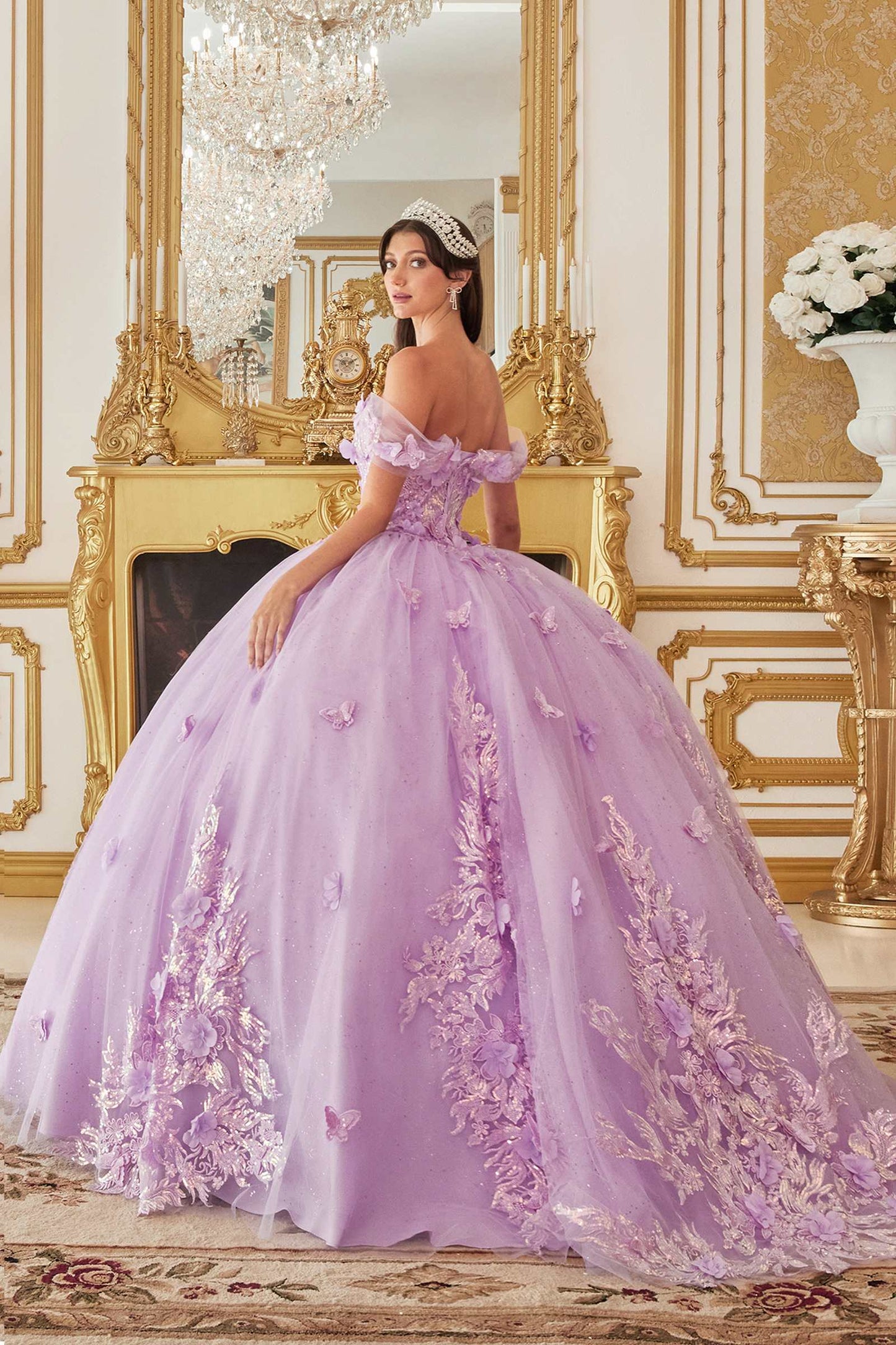 Ladivine 15713 Vestido largo de gala con hombros descubiertos, corte A y aplicaciones florales