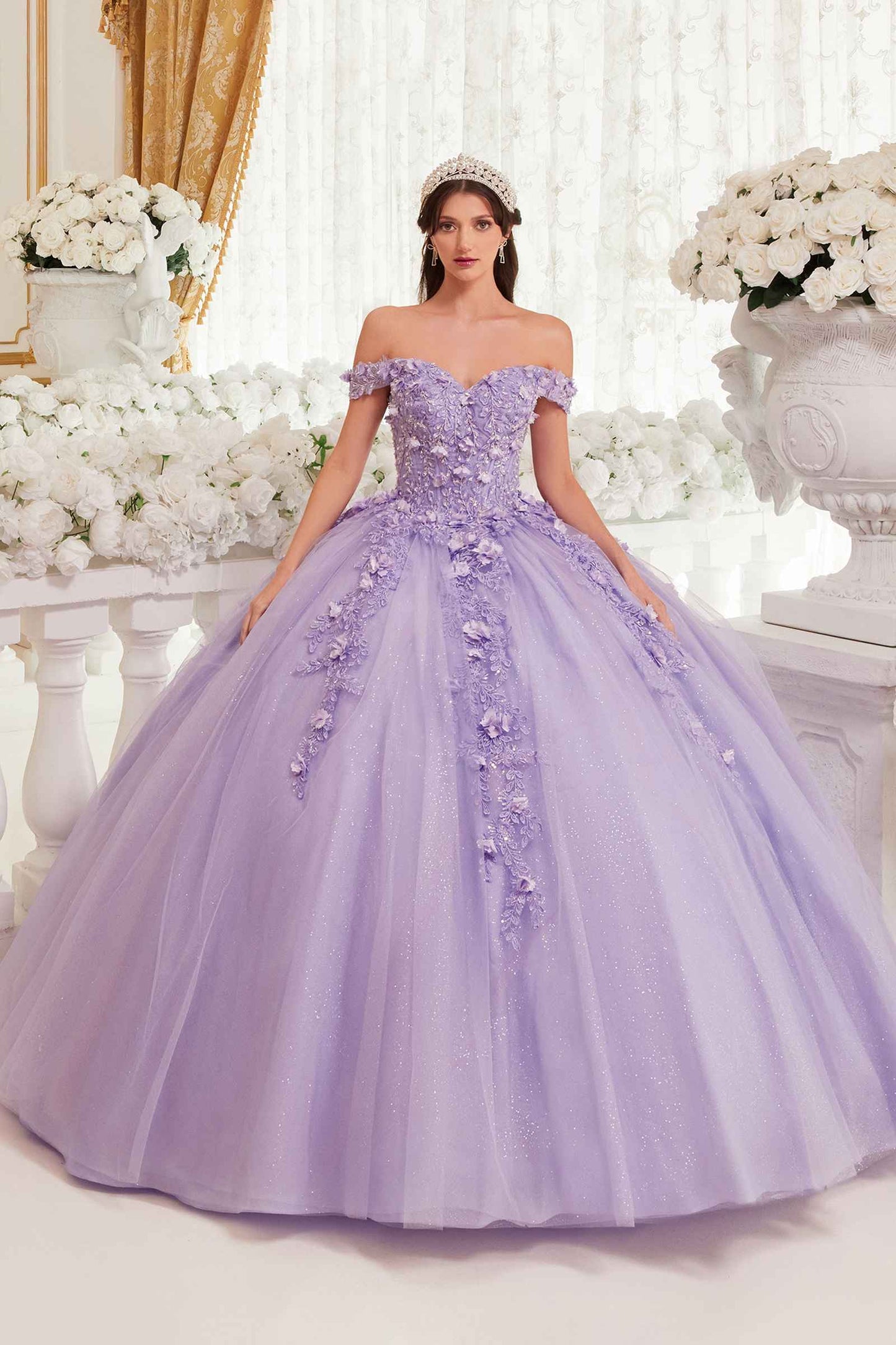 Vestido de quinceañera Ladivine 15717 con apliques florales 3D y hombros descubiertos